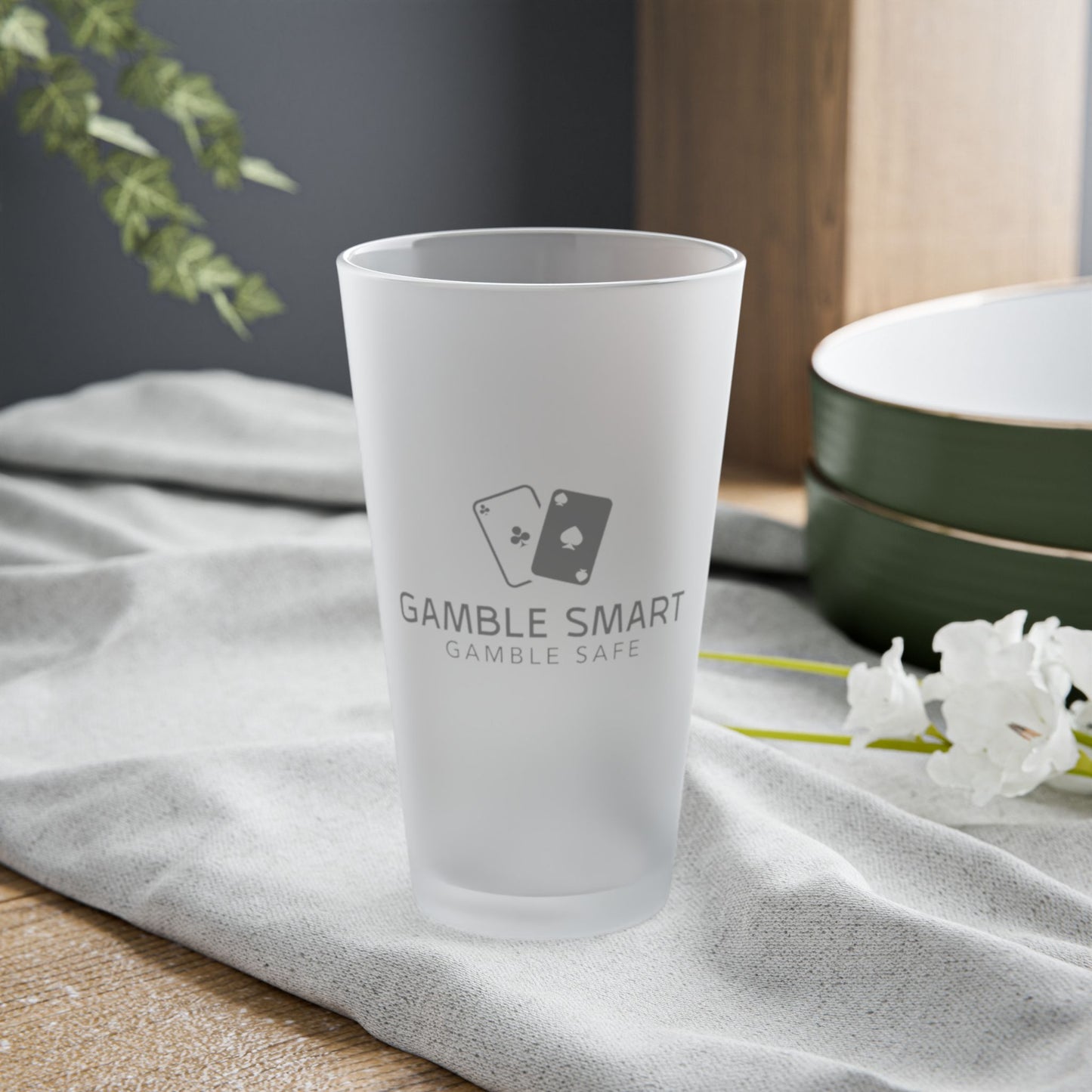 Frosted Pint Glass (16 oz) – Subtle 'Gamble Smart' Logo Beer Glass
